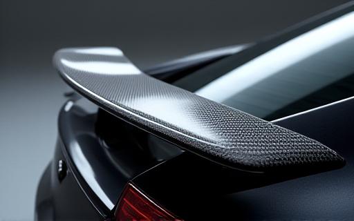 Dettaglio ravvicinato di un alettone posteriore in fibra di carbonio lucido su un'auto sportiva