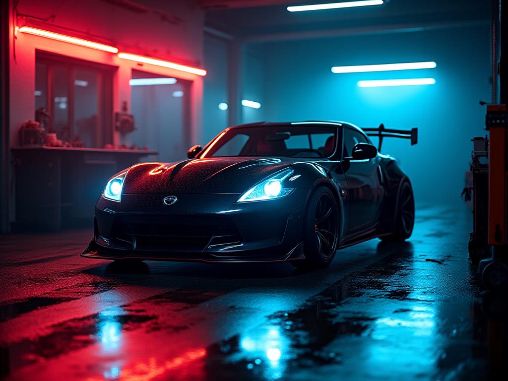 Auto sportiva modificata in un garage scuro con luci al neon