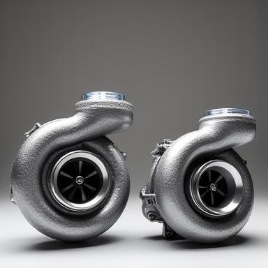 Confronto affiancato di un turbocompressore di serie e uno maggiorato ad alte prestazioni, evidenziando le differenze di dimensione